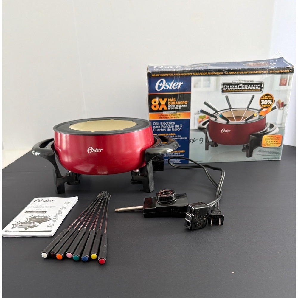 Oster DuraCeramic 3 Quart Electric Fondue Pot Red Titanium Infused Nonstick Set